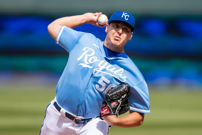 Apr 9, 2022; Kansas City, Missouri, USA; Kansas City Royals starting pitcher Brad Keller (56) pitches the ball against the Cleveland Indians at Kauffman Stadium. Mandatory Credit: Nick Tre. Smith (FLO)-USA TODAY Sports
